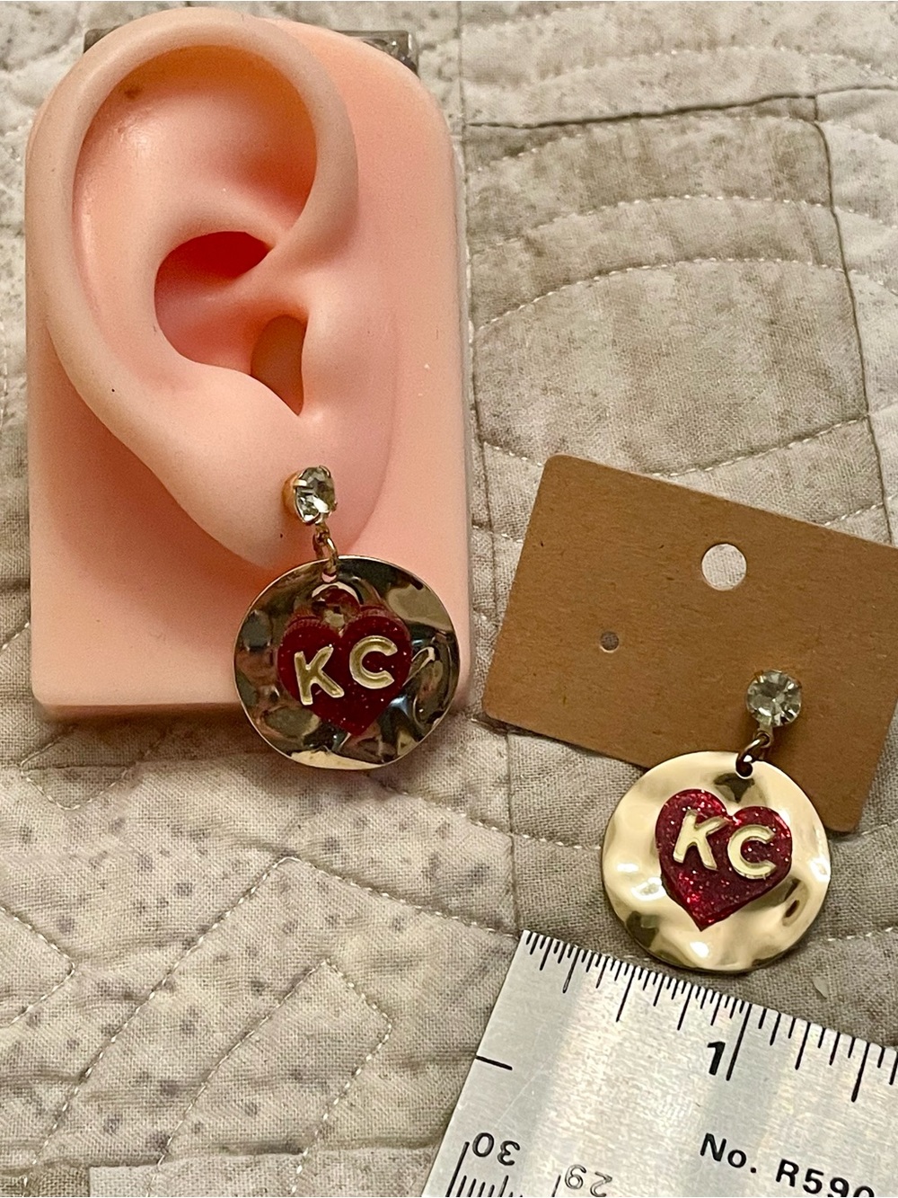 Gold Drop Earrings with Red Heart KC Accent - Picture 9 of 13